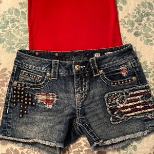 Size 27 Miss Me shorts with red white and blue flag design